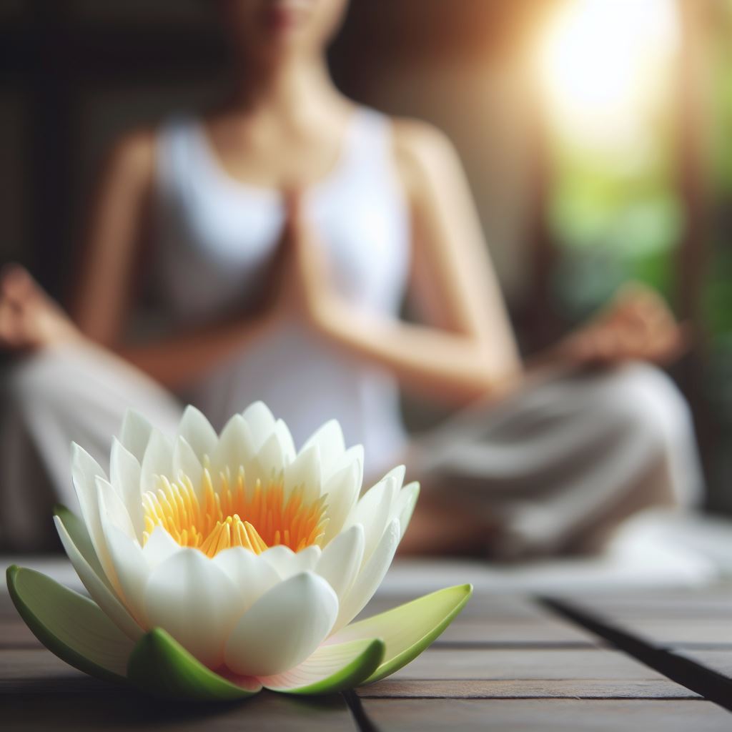 Mindful gratitude meditation: Peaceful woman in lotus pose with hands on heart, lotus flower symbolizing inner peace.